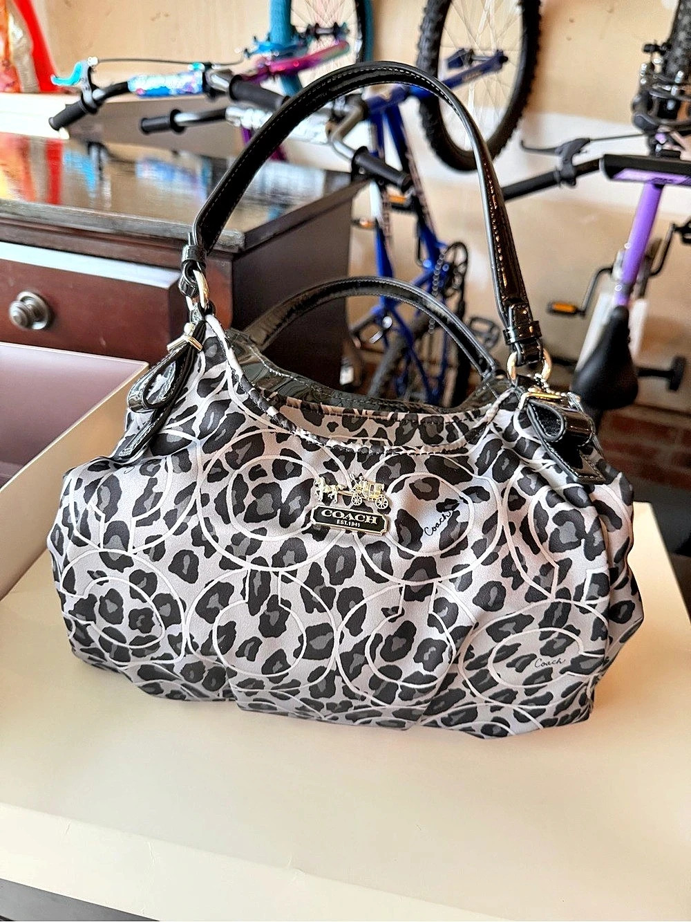 Coach Poppy Daisy Ocelot Print Spotlight Hobo Bag Black & White